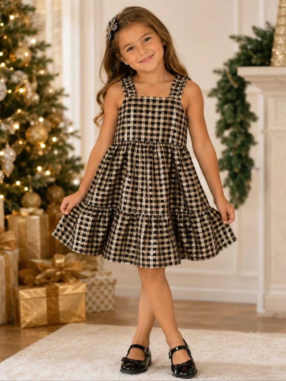 J.Crew Crewcuts | Girls Gold Metallic Gingham Tiered‎ Party Dress | Size 5